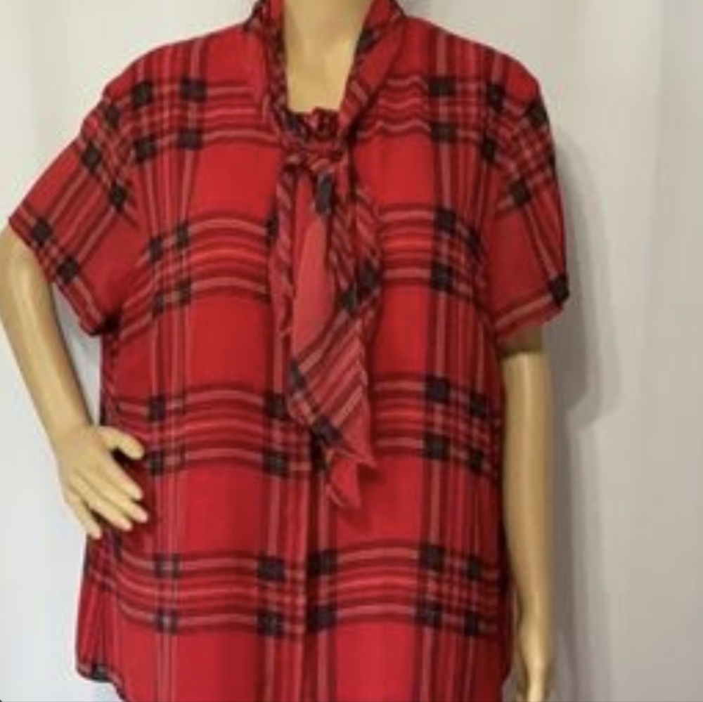 evan picone red plaid short sleeve button up shirt size 14 petite scarf fall